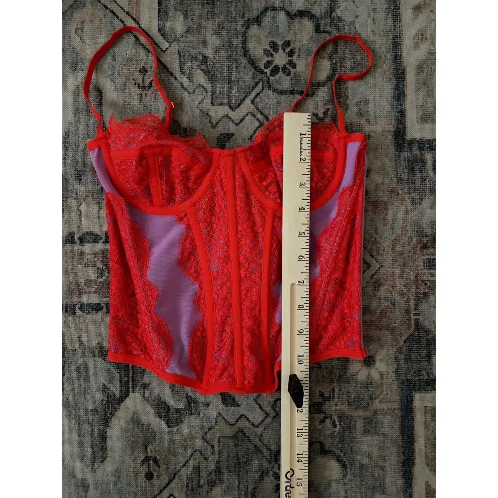 Out From Under Lace Mesh Corset Bustier Top Womens Small Red Underwire Sheer